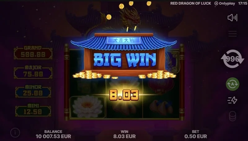 Red Dragon of Luck - main screen with a 3x3 grid and a red dragon